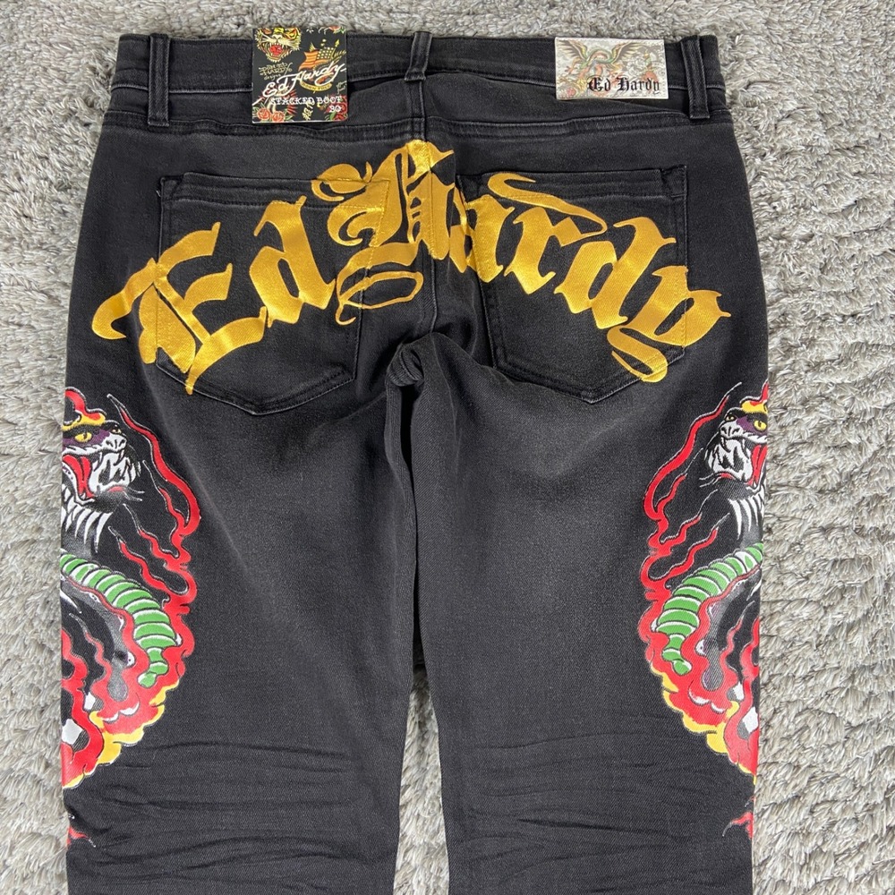 Ed Hardy Dragon Stacked Bootcut Jeans Men 30 Black Streetwear Stretch Tattoo Y2k